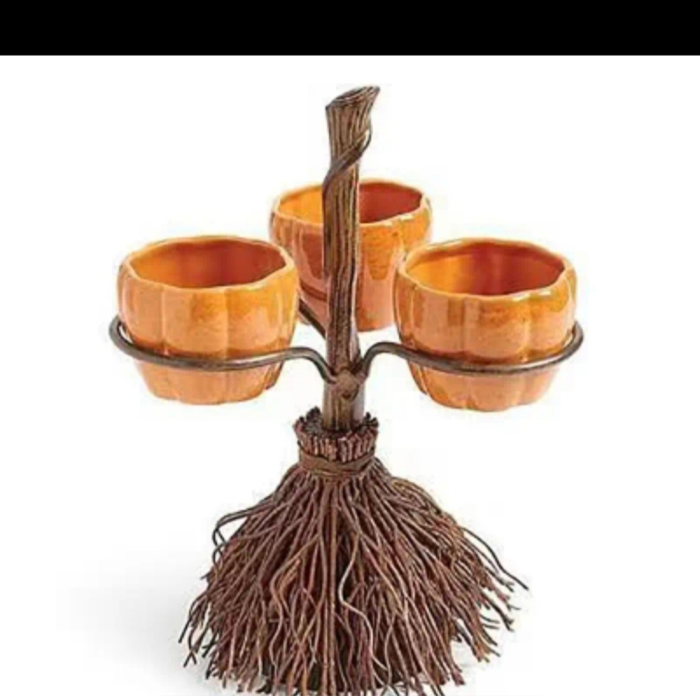 Tabletop Broom Treat Stand with 3 Pumpkin Shaped Cups